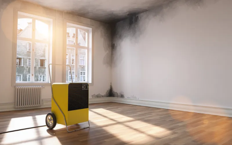 Empty room with mold on the walls and a dehumidifier
