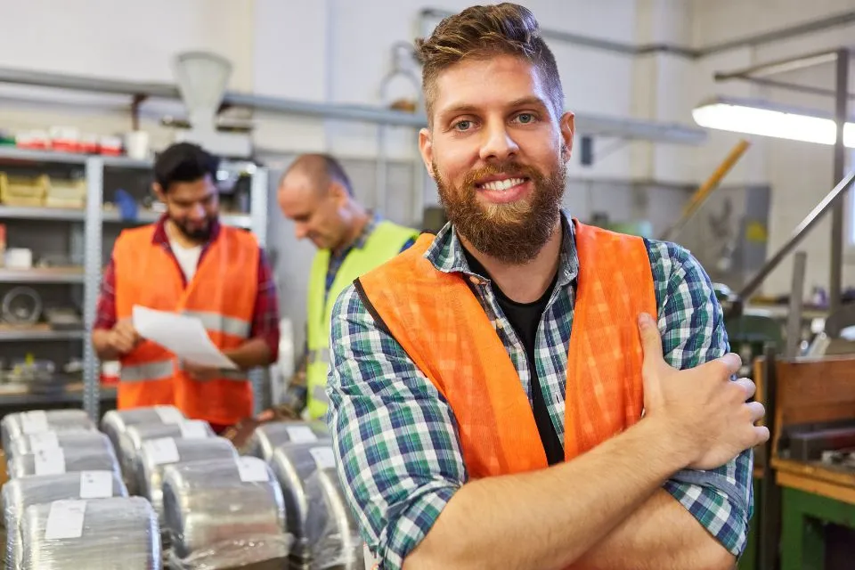 Smiling team member in a safety vest with coworkers in the background